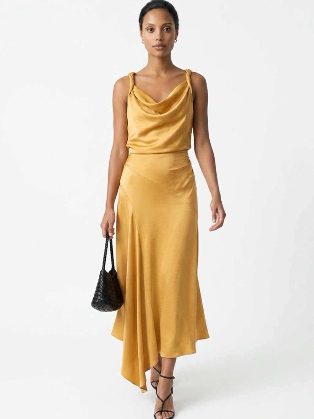 Golden Satin Asymmetric Slip Dress Sz6